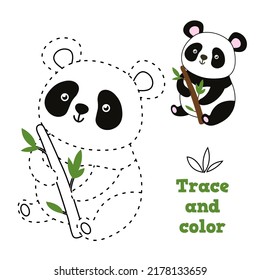 Dot to dot panda game. Connect dots and color image of cute bear with branch, entertainment for kid vector illustration. Kindergarten or preschool activity for children development