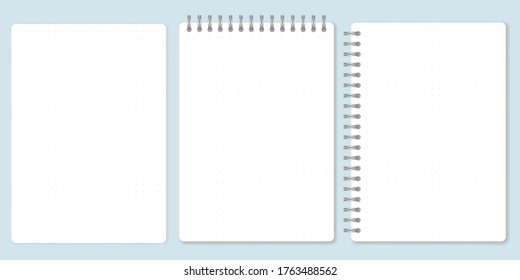 Conjunto de papel de punto, plantilla de bloc de notas en espiral y hojas de bloc de notas. Ilustración vectorial.