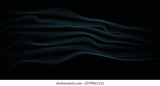 Dot particles flowing blue and green gradient light wave pattern isolated on black background. Vector eps 10