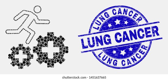 Dot patient run over gears mosaic pictogram and Lung Cancer seal. Blue vector rounded scratched seal with Lung Cancer text. Vector composition in flat style.