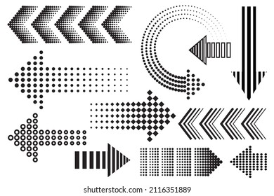 Dot pattern arrows, black halftone Memphis design elements. Halftone arrow set monochrome vector icons isolated on white background.
