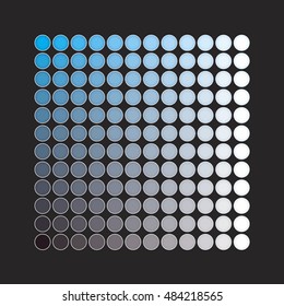 Dot pattern of CMYK color swatches arranged in a square grid. Shows color gradations and faded colors used in printing quality specifications