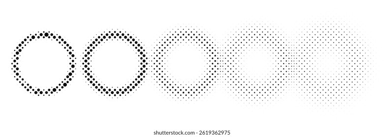 Dot pattern gradient circle frames with halftone dots or dotwork texture effect. Abstract vector halftone pattern circles black dot gradation