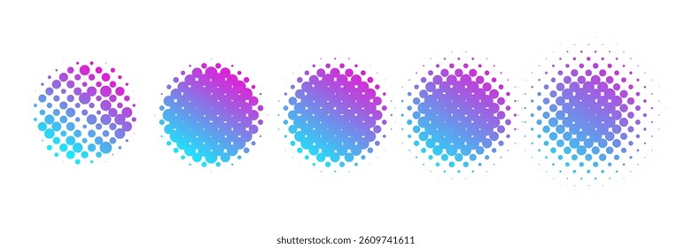 Dot pattern gradient circles with halftone dots or dotwork texture effect. Abstract vector neon color halftone pattern circles with half tone dots