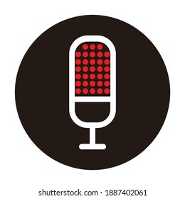 dot pattern head microphone for broadcast or podcast - red, white and black illustrations - silhouette icon or logo on a black circle background