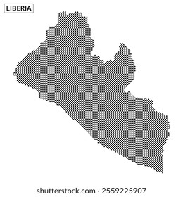 A dot pattern illustration outlines the map of Liberia, emphasizing its geographical features and shape.