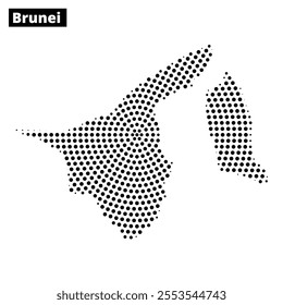 Dot pattern map of Brunei highlighting its geographic shape and dimensions against a blank background.