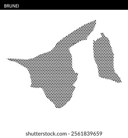 Dot pattern map of Brunei highlighting its geographic shape and dimensions against a blank background.