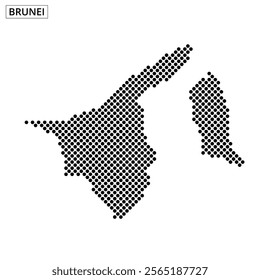 Dot pattern map of Brunei highlighting its geographic shape and dimensions against a blank background.