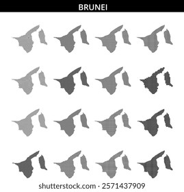 Dot pattern map of Brunei highlighting its geographic shape and dimensions against a blank background.