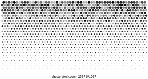 Dot pattern vector background. Abstract geometric halftone pixel grid texture. Comic design seamless polka circle effect. Black tone fade gradient shape size and transparency. Square angular mosaic