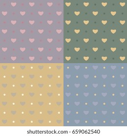 Dot pattern vector seamless background. Simple design with mini dots and hearts. Dotted grid, retro style. Geometric repeat texture. Website, textile, wallpaper; print on chintz, paper; other surface.