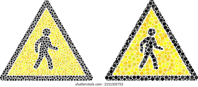 Dot pedestrian man danger icon. Mosaic pedestrian man danger icon united from round parts in different sizes and color tinges. Vector round dots are organized into mosaic pedestrian man danger icon.