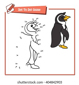 dot to dot penguin educational kid game. Vector illustration of dot to dot kid puzzle with happy cartoon penguin for children