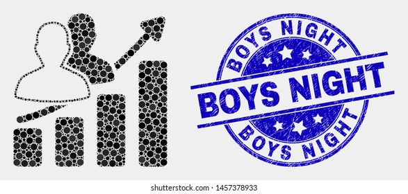 Dot people trend chart mosaic icon and Boys Night seal stamp. Blue vector rounded grunge seal with Boys Night title. Vector combination in flat style.