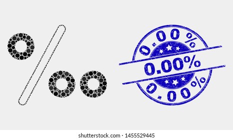 Dot per mille mosaic icon and 0.00% seal stamp. Blue vector rounded scratched seal stamp with 0.00% text. Vector collage in flat style. Black isolated per mille mosaic of scattered circles, and 0.