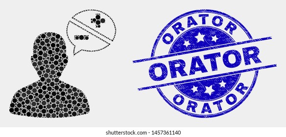 Dot person arguments mosaic icon and Orator seal. Blue vector round textured seal stamp with Orator message. Vector combination in flat style.