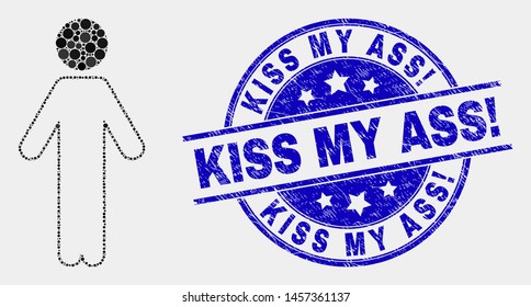 Dot person mosaic icon and Kiss My Ass! seal. Blue vector round textured seal stamp with Kiss My Ass! phrase. Vector collage in flat style. Black isolated person mosaic of randomized circles,