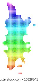 Dot Phuket map. Vector territory map drawn with bright spectral color variations with vertical gradient. Colored vector composition of Phuket map constructed from square pixels.