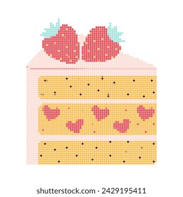 Dot pixel strawberry cake. Piece of dessert strawberry cake. Sweet berry Natural summer dessert and 8bit vector element. Piece of dessert cake. Vector Icon illustration pastry. 