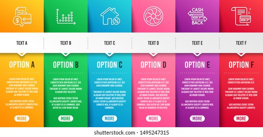 Dot Plot, Accounting Report And Fan Engine Line Icons Set. Infographic Timeline. Loan House, Cashback Card And Payment Card Signs. Presentation Graph, Financial Case, Ventilator. Vector