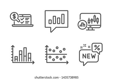 Dot plot, Analytical chat and Online accounting icons simple set. Diagram graph, Candlestick chart and New signs. Presentation graph, Communication speech bubble. Finance set. Line dot plot icon