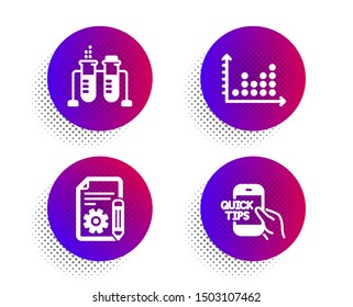 Dot plot, Chemistry beaker and Documentation icons simple set. Halftone dots button. Education sign. Presentation graph, Laboratory flask, Project. Quick tips. Education set. Vector