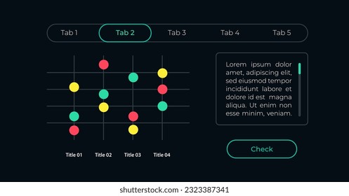 Dot plot diagram UI element template. Editable isolated vector dashboard component. Flat user interface. Visual data presentation. Web design widget for mobile application with dark theme