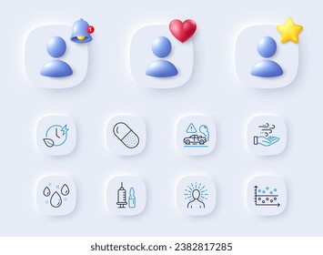 Dot plot, Exhaust and Medical vaccination line icons. Placeholder with 3d bell, star, heart. Pack of Capsule pill, Yoga, Rainy weather icon. Wind energy, Charging time pictogram. Vector