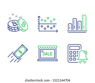 Dot plot, Fast payment and Sale line icons set. Graph chart, Bitcoin and Calculator alarm signs. Presentation graph, Finance transfer, Shopping store. Growth report. Finance set. Vector