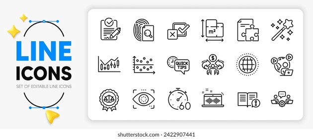 Dot plot, Inspect and Justice scales line icons set for app include Timer, Magic wand, Video conference outline thin icon. Floor plan, Sharing economy, Facts pictogram icon. Quick tips. Vector