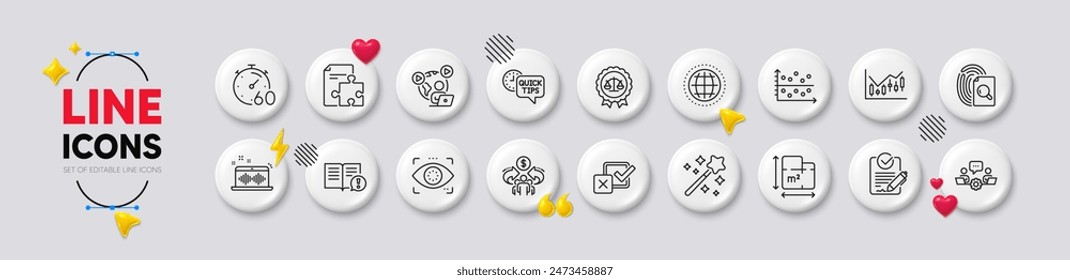 Dot plot, Inspect and Justice scales line icons. White buttons 3d icons. Pack of Timer, Magic wand, Video conference icon. Floor plan, Sharing economy, Facts pictogram. Vector