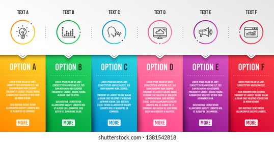 Dot plot, Megaphone and Breathing exercise icons simple set. Idea, Cloud storage and Website statistics signs. Presentation graph, Advertisement. Technology set. Infographic template. 6 steps timeline