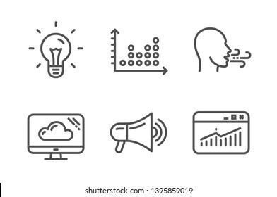 Dot Plot, Megaphone And Breathing Exercise Icons Simple Set. Idea, Cloud Storage And Website Statistics Signs. Presentation Graph, Advertisement. Technology Set. Line Dot Plot Icon. Editable Stroke