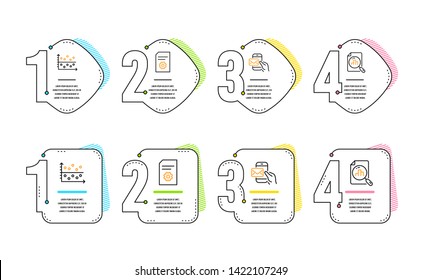 Dot plot, Messenger mail and File settings icons simple set. Analytics graph sign. Presentation graph, New e-mail, File management. Chart report. Business set. Infographic timeline. Line dot plot icon