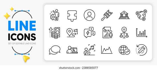 Dot plot, Online education and Brush line icons set for app include Messenger, World statistics, Stress outline thin icon. Journey, Video conference, Music pictogram icon. Court building. Vector