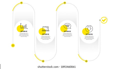 Dot Plot, Quickstart Guide And Laptop Line Icons Set. Timeline Process Infograph. Download Arrow Sign. Presentation Graph, Helpful Tricks, Computer. Crisis. Technology Set. Vector