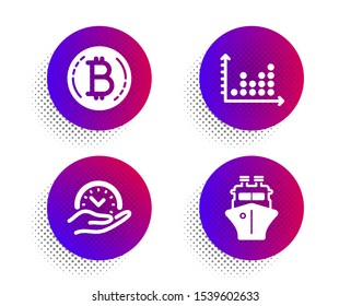 Dot plot, Safe time and Bitcoin icons simple set. Halftone dots button. Ship sign. Presentation graph, Management, Cryptocurrency coin. Shipping watercraft. Technology set. Vector