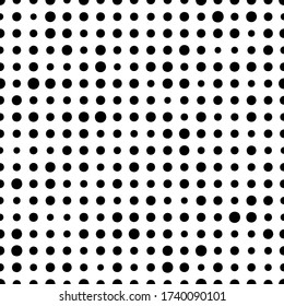 Dot polka. Random circle seamless pattern. Irregular polkadots. Black and white polka dots. Simple background with big and small dot. Dotted backdrop. Circles texture. Repeat design for prints. Vector