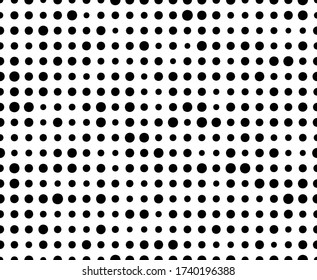 Dot polka. Random circle seamless pattern. Irregular polkadots. Black and white polka dots. Simple background with big and small dot. Dotted backdrop. Circles texture. Repeat design for prints. Vector