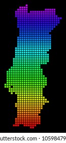 A dot Portugal Map. Vector geographic map in bright spectrum colors on a black background. Multicolored vector abstract composition of Portugal Map done of square dots.