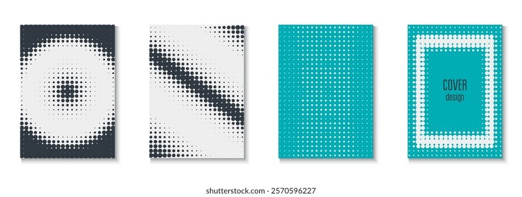 Dot Poster Set. Summer Art In Minimal Design. Linear Shapes For Brand Folder. Line Flyer. Minimalist Halftone Texture. Geometric Wave Background. Trendy Dot Poster