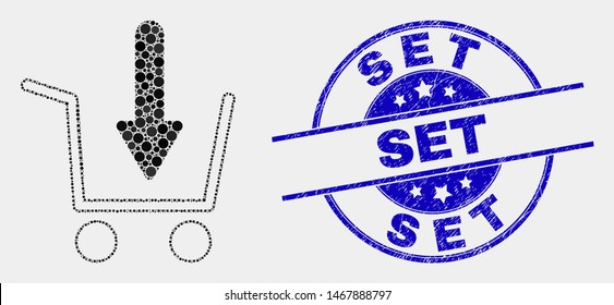 Dot put shopping item mosaic icon and Set watermark. Blue vector rounded distress seal stamp with Set text. Vector composition in flat style. Black isolated put shopping item mosaic of scattered dots,