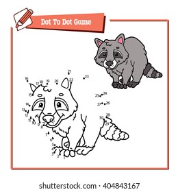 dot to dot raccoon educational kid game. Vector illustration of dot to dot kid puzzle with happy cartoon raccoon for children