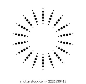 Dot radial circle lines. Circular radiating speed geometric lines. Sun star rays symbol. Abstract halftone striped design element. Motion lines. Vector illustration isolated on white background.