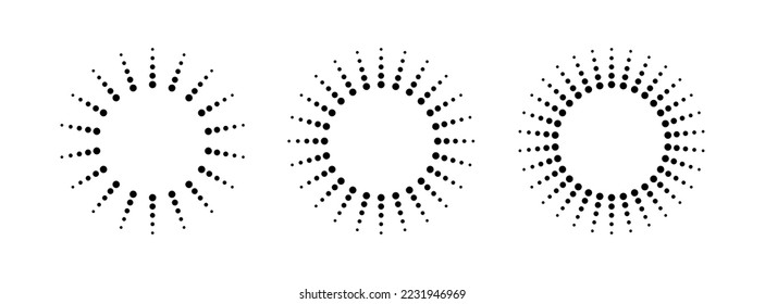 Dot radial circle lines. Circular radiating speed geometric lines. Sun star rays symbol. Abstract halftone striped design element. Motion lines. Vector illustration isolated on white background.