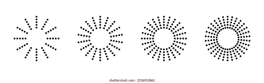 Líneas de círculo radial de puntos. Líneas geométricas de velocidad de radiación circular. Símbolo de rayos Sun star. Resumen de un elemento de diseño con rayas de medio tono. Líneas de movimiento. Ilustración vectorial aislada en fondo blanco.