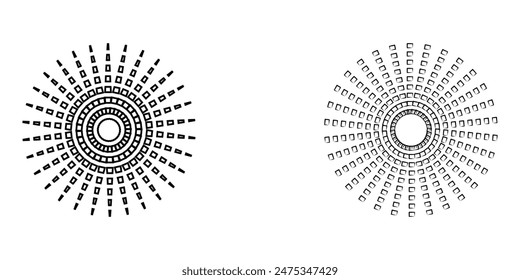 Dot radial circle lines. Circular radiating speed geometric lines. Sun star rays symbol. Vector illustration isolated on white background. EPS file 186.