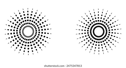 Dot radial circle lines. Circular radiating speed geometric lines. Sun star rays symbol. Vector illustration isolated on white background. EPS file 181.