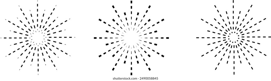 Dot radial circle lines. Circular radiating speed geometric lines. Sun star rays symbol. Abstract halftone striped design element. Motion lines. Vector illustration isolated on white background.